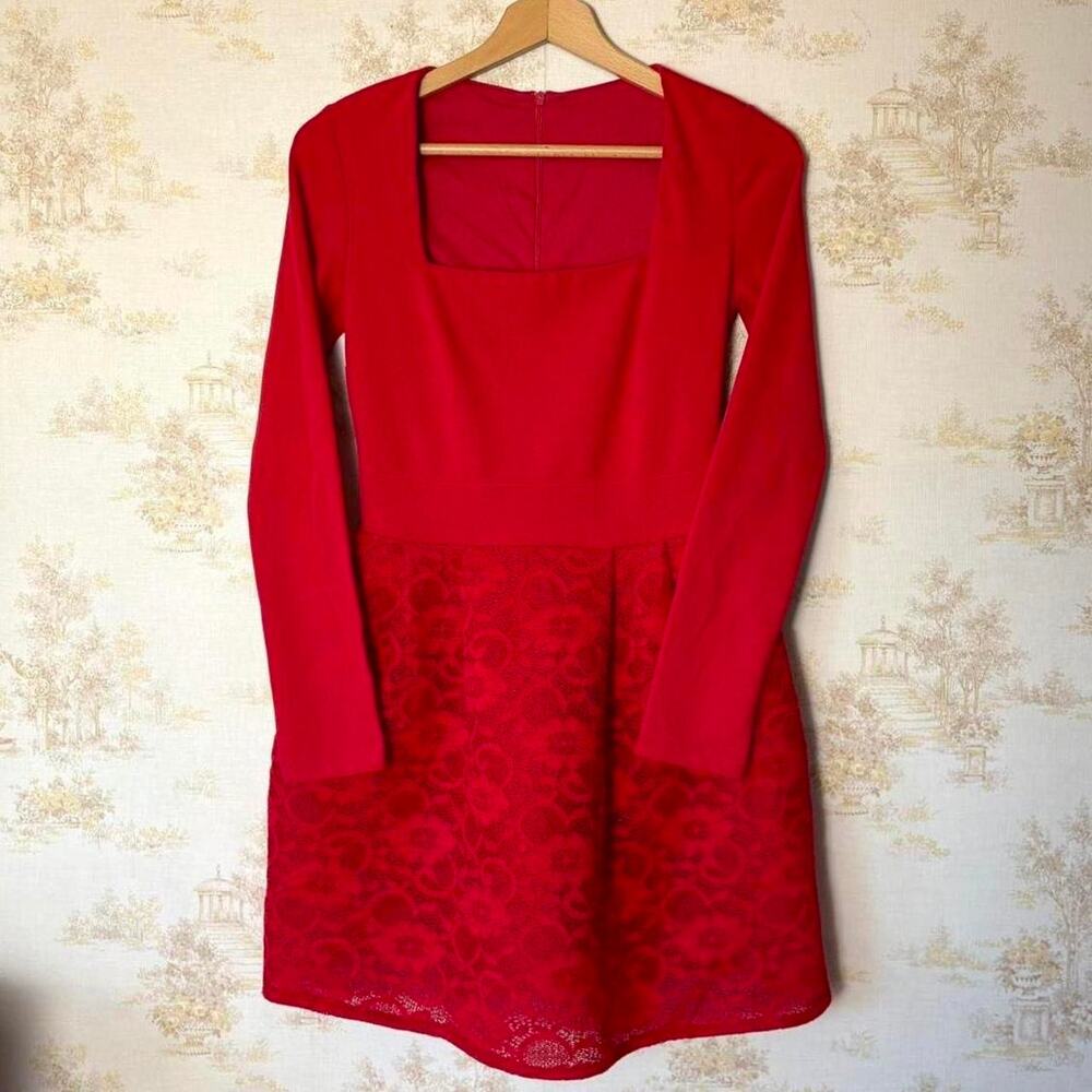 Red Square Neck Fit and Flare Skater Dress Womens XS S Lace Long Sleeve